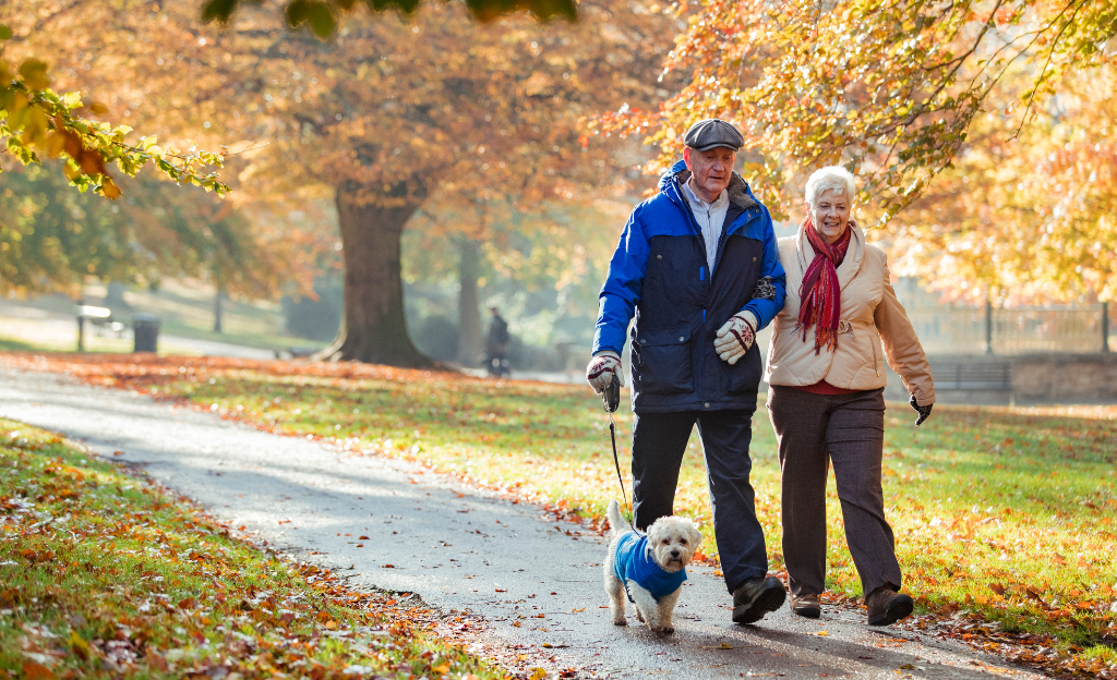 Jim and Victoria walk with Alfie