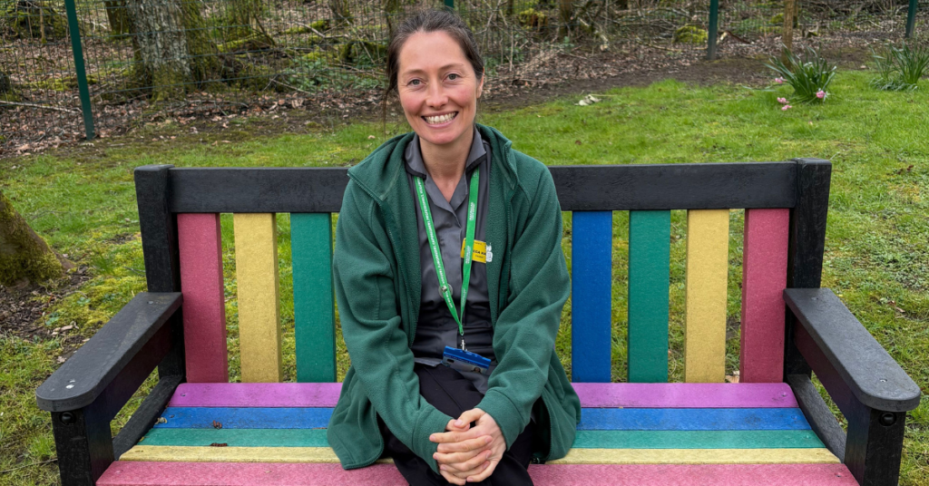 Rebecca Halsall, Dietitian at Wigan & Leigh Hospice. Here she is sat in the gardens.