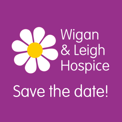 Purple graphic with the Wigan & Leigh Hospice logo and the words "Save the date!" in white.